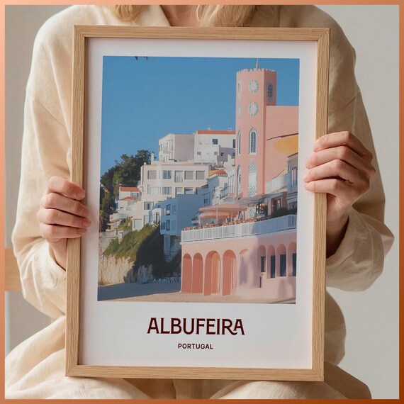 Albufeira Portugal Old Town Beach Pastel Coastal Scene Art Poster