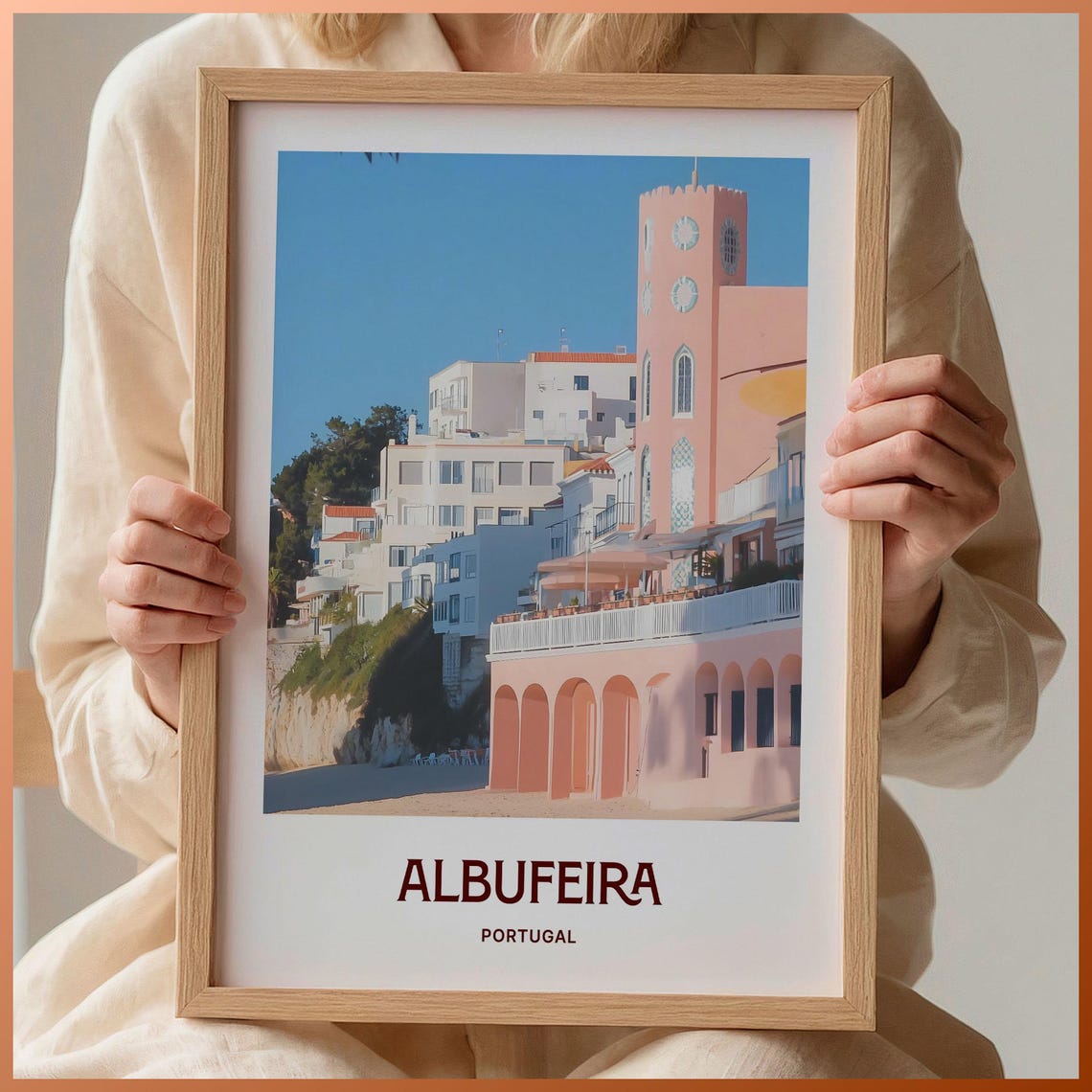 Albufeira Portugal Old Town Beach Pastel Coastal Scene Art Poster