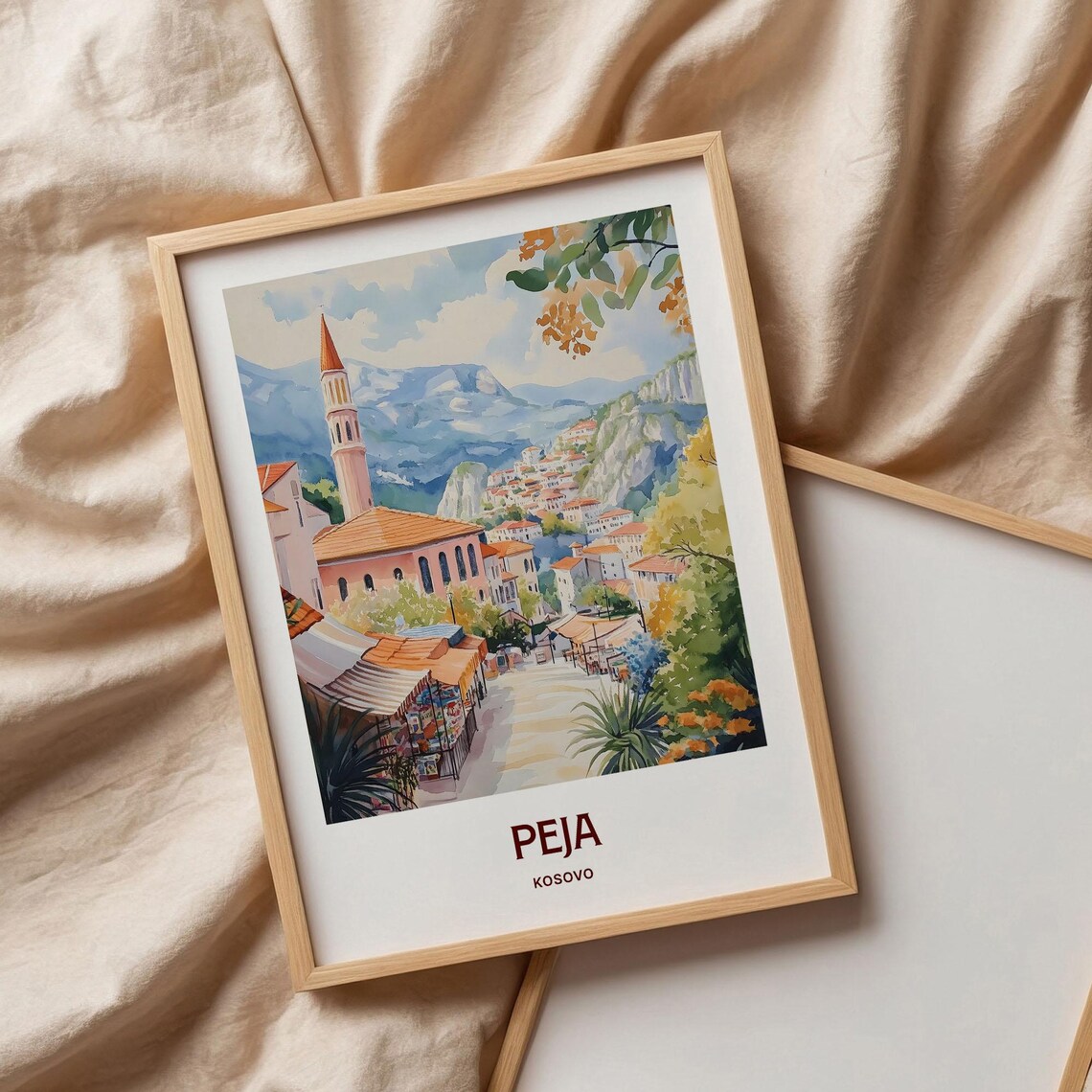 Peja Kosovo Mosque Minaret Mountain Town Market Watercolor Travel Poster - Image 3