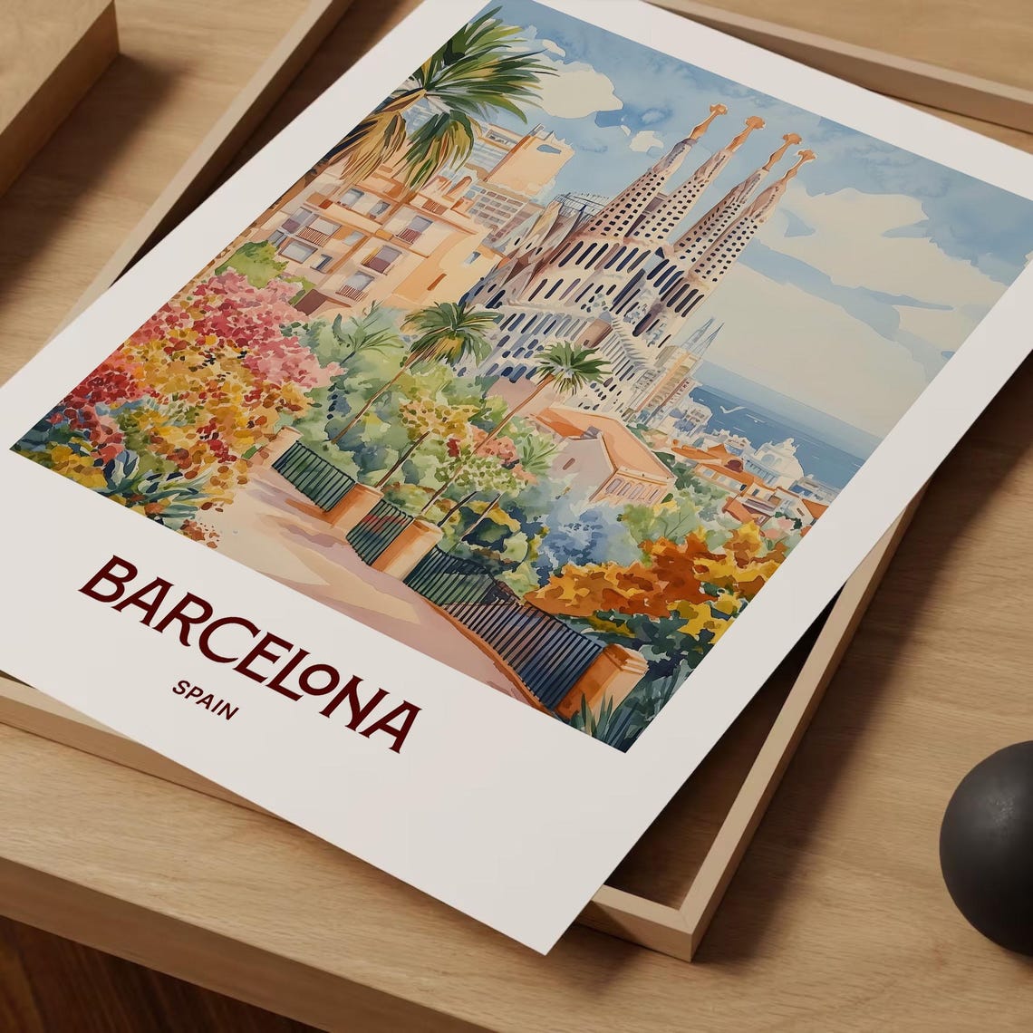 Barcelona Spain Pastel Sagrada Familia Palm Cityscape Poster - Image 2