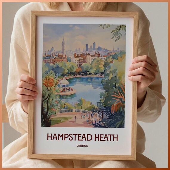Peaceful Hampstead Heath London Park Lake Watercolor Travel Poster