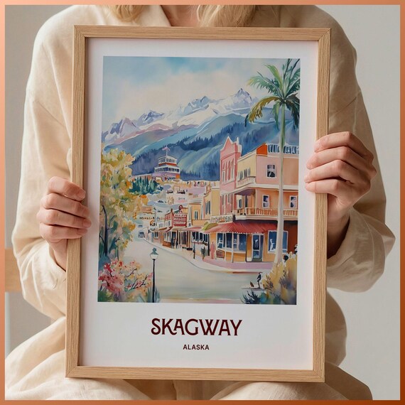 Skagway Alaska Watercolor Gold Rush Main Street Mountain View Art Poster