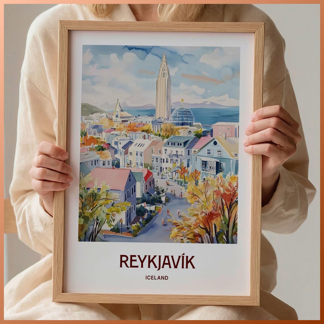 Reykjavik Iceland Watercolor Hallgrimskirkja City Travel Poster
