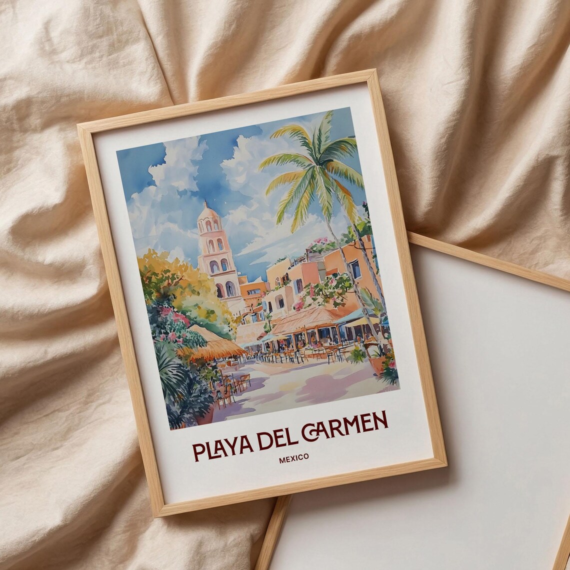 Playa Del Carmen Mexico Church Tower Palm Beach Watercolor Travel Poster - Image 3