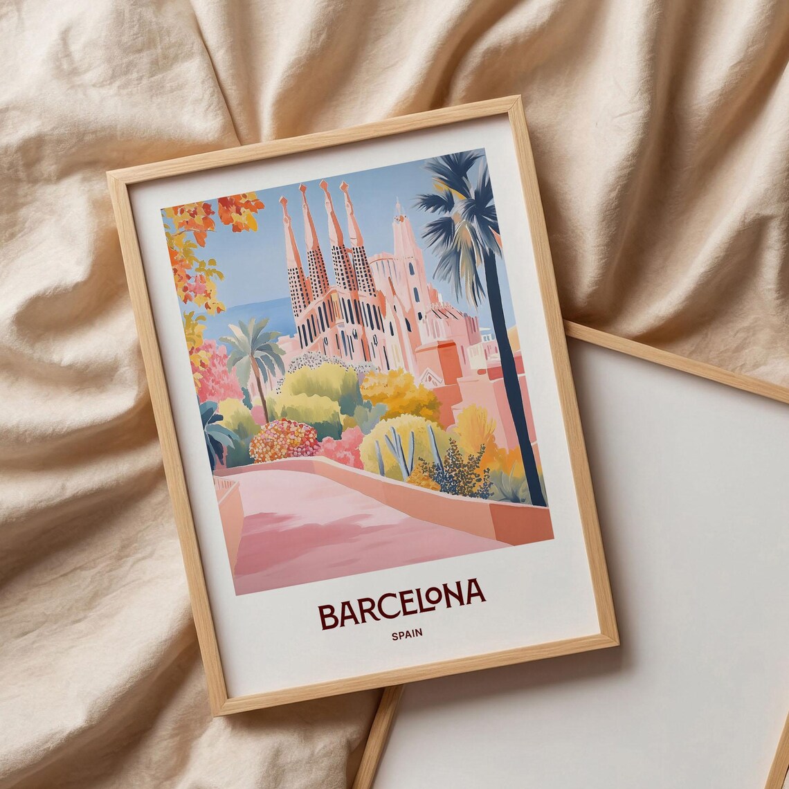Barcelona Spain Sagrada Familia Lush Garden Walkway Scene Poster - Image 3