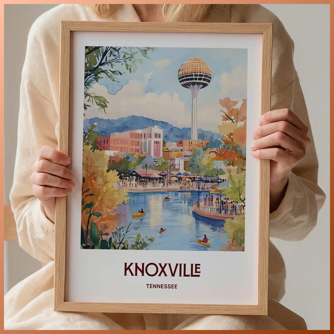Knoxville Sunsphere Waterfront Tennessee Watercolor Travel Poster