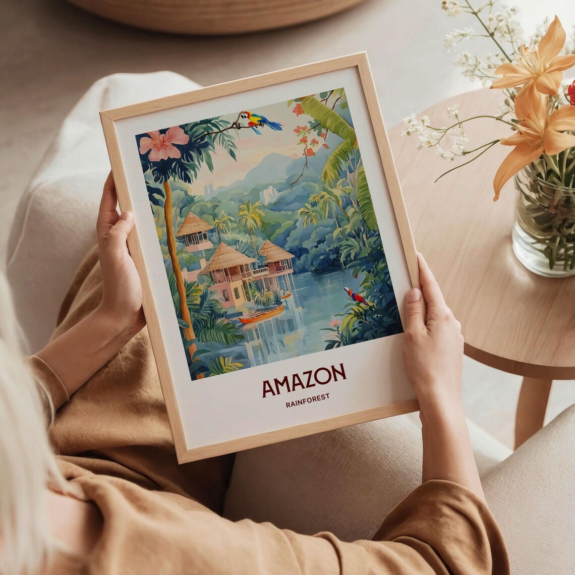 Amazon Rainforest River Stilt Huts Parrots Watercolor Travel Poster - Image 5