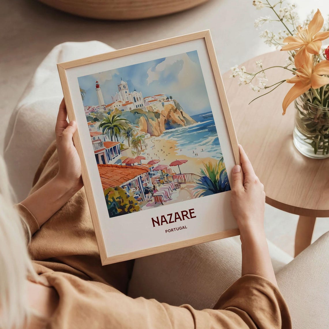 Nazare Portugal Pastel Beach Cliff Lighthouse Cityscape Poster - Image 5