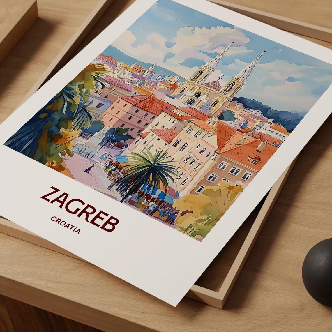 Zagreb Croatia Cathedral Twin Spires Old Town Watercolor Travel Poster - Image 2