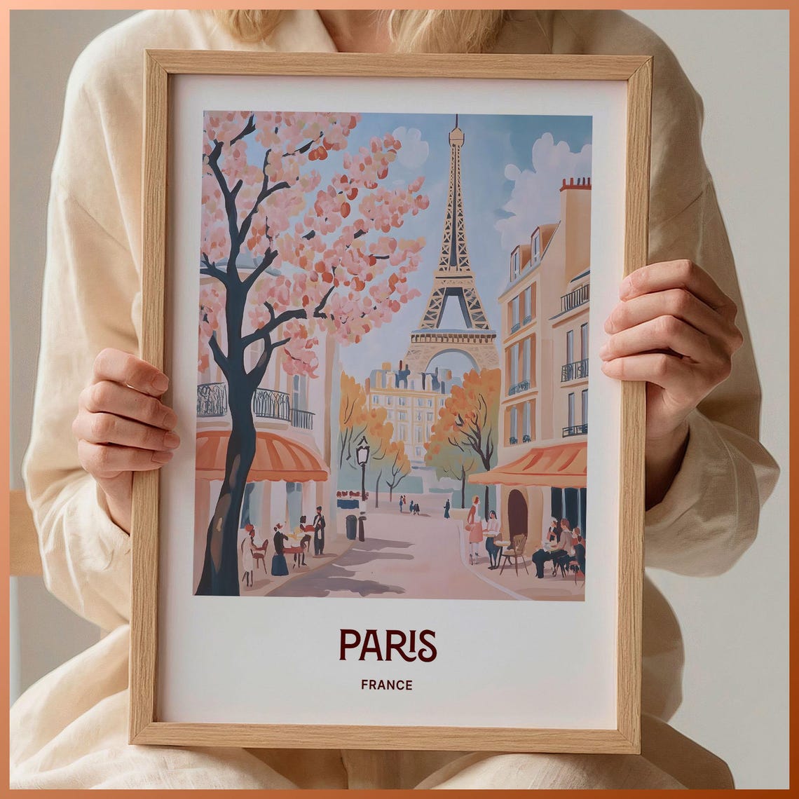 Paris France Eiffel Tower Cafe Street Cherry Tree Art Poster