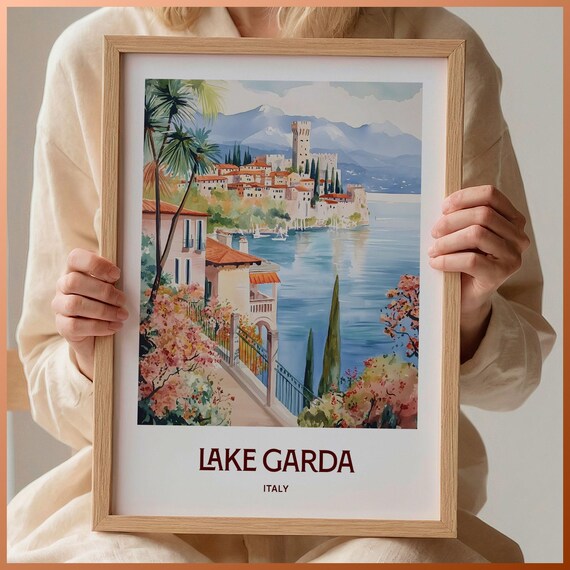 Lake Garda Italy Castle Lakeside Cypress Watercolor Travel Poster