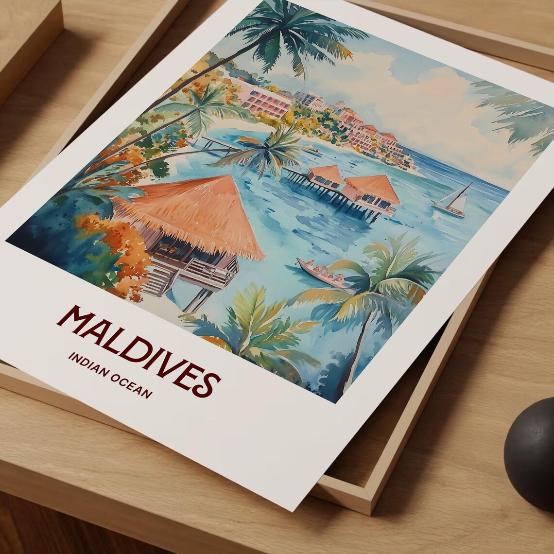 Maldives Indian Ocean Watercolor Overwater Bungalows Palm Beach Poster - Image 2