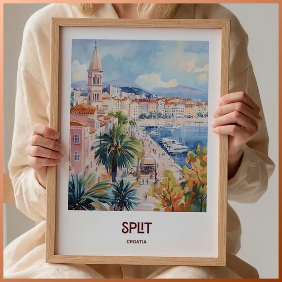 Split Croatia Harbor Promenade Bell Tower Watercolor Travel Poster Art