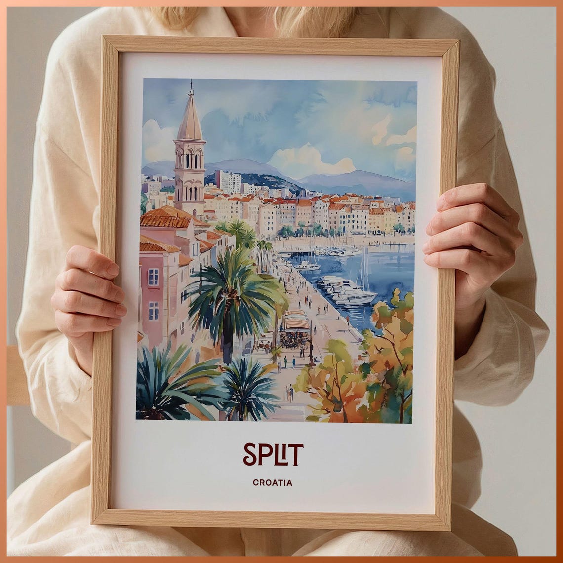 Split Croatia Harbor Promenade Bell Tower Watercolor Travel Poster Art