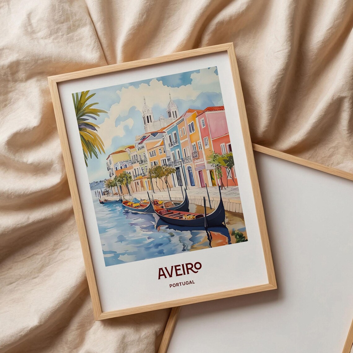 Aveiro Portugal Canal Boats Colorful Houses Watercolor Travel Poster Art - Image 3