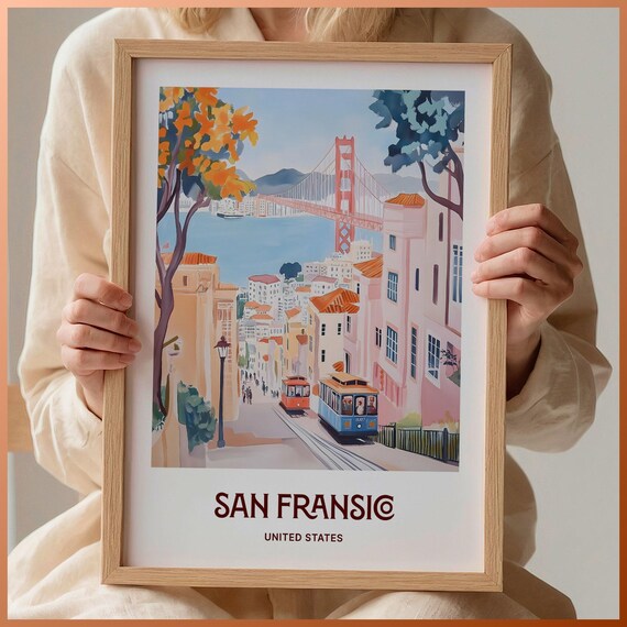 San Francisco California Golden Gate Bridge Cable Cars Travel Poster