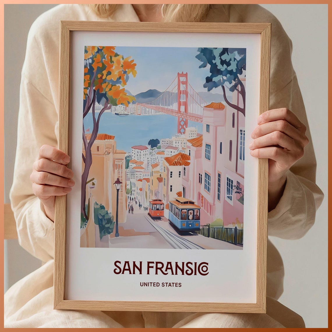 San Francisco California Golden Gate Bridge Cable Cars Travel Poster