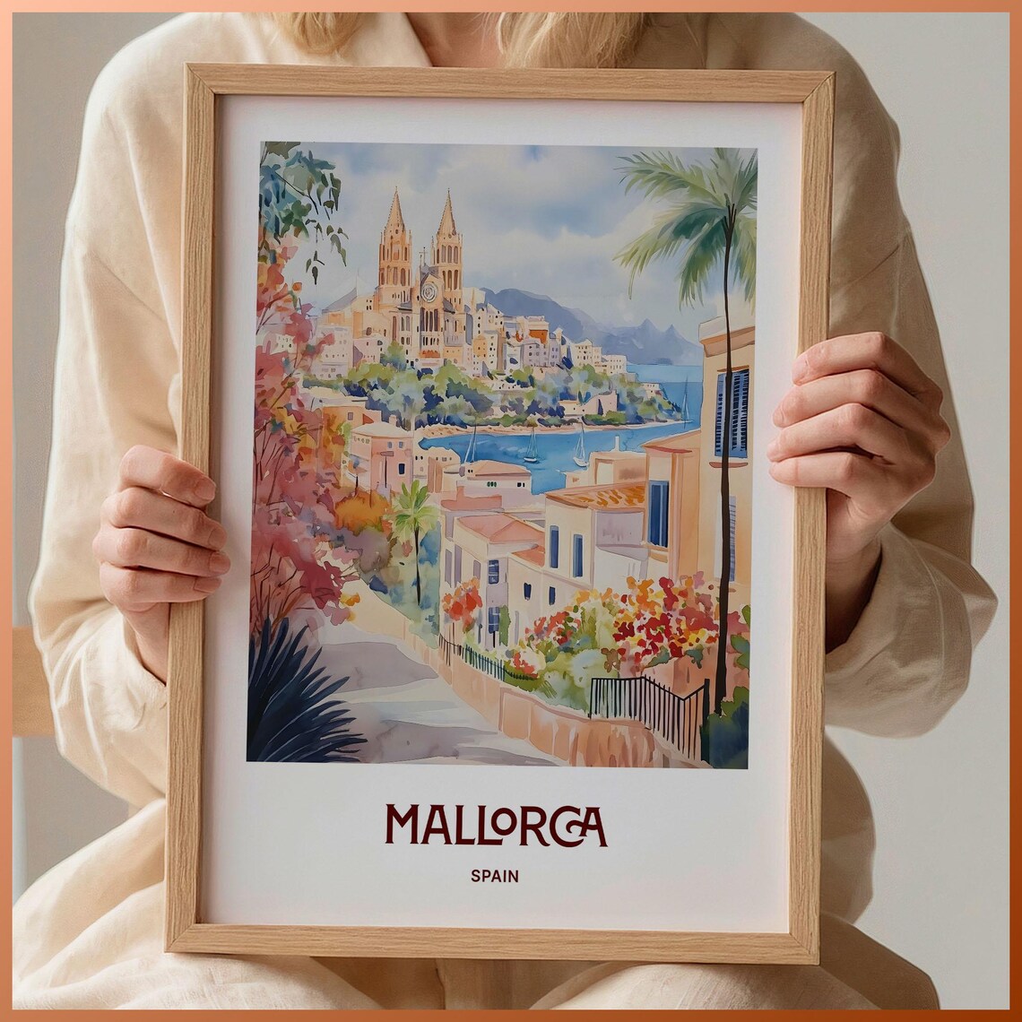 Mallorca Spain Palma Cathedral Bay Sailboats Watercolor Travel Poster