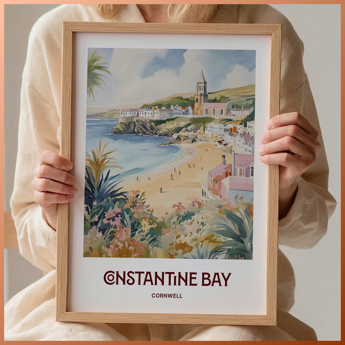 Constantine Bay Cornwall England Watercolor Beach Scene Poster