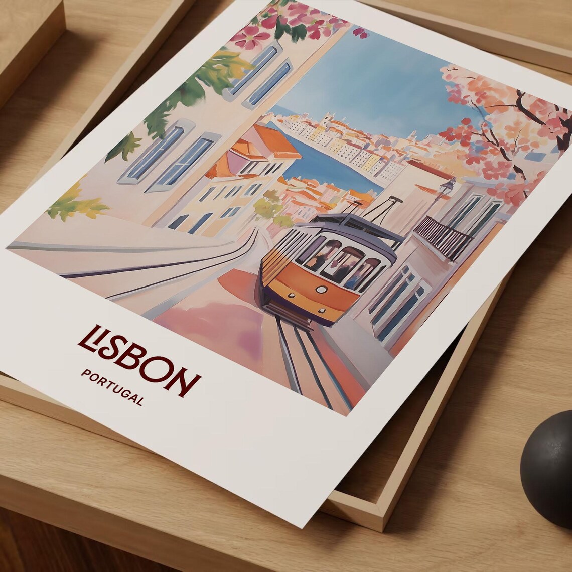 Lisbon Portugal Tram Hill Street Watercolor Travel Poster Gift - Image 2