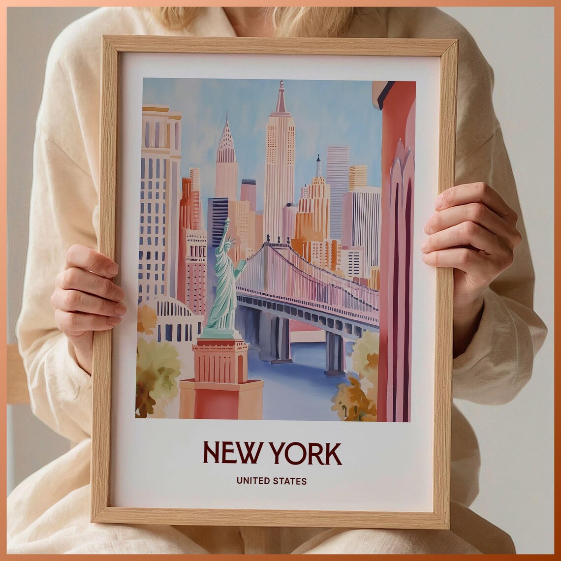 New York United States Statue of Liberty Iconic Skyline Poster