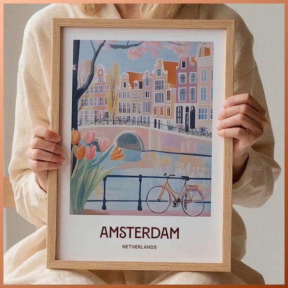 Amsterdam Netherlands Canal Tulip Bicycle Watercolor Travel Poster