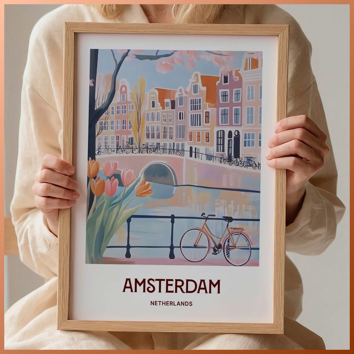 Amsterdam Netherlands Canal Tulip Bicycle Watercolor Travel Poster