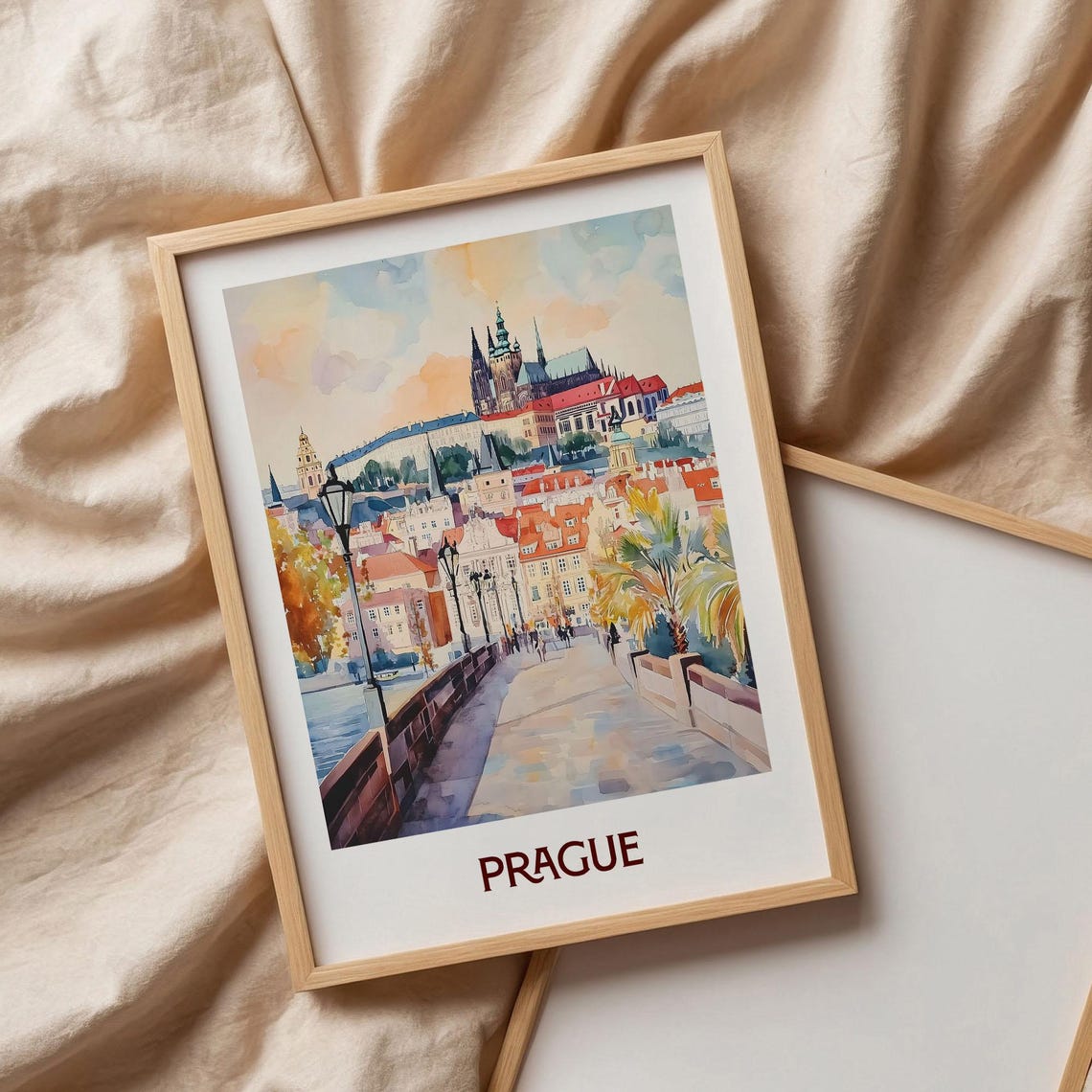 Prague Watercolor Castle Skyline Historic Bridge View Poster - Image 3