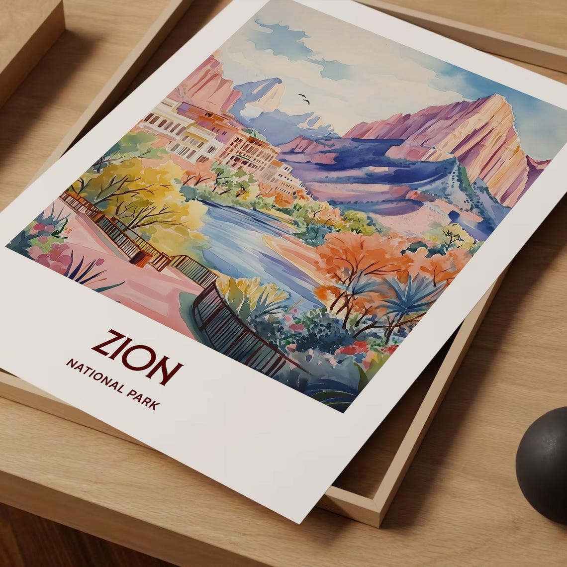 Zion National Park Red Cliffs River Watercolor Utah Landscape Poster - Image 2