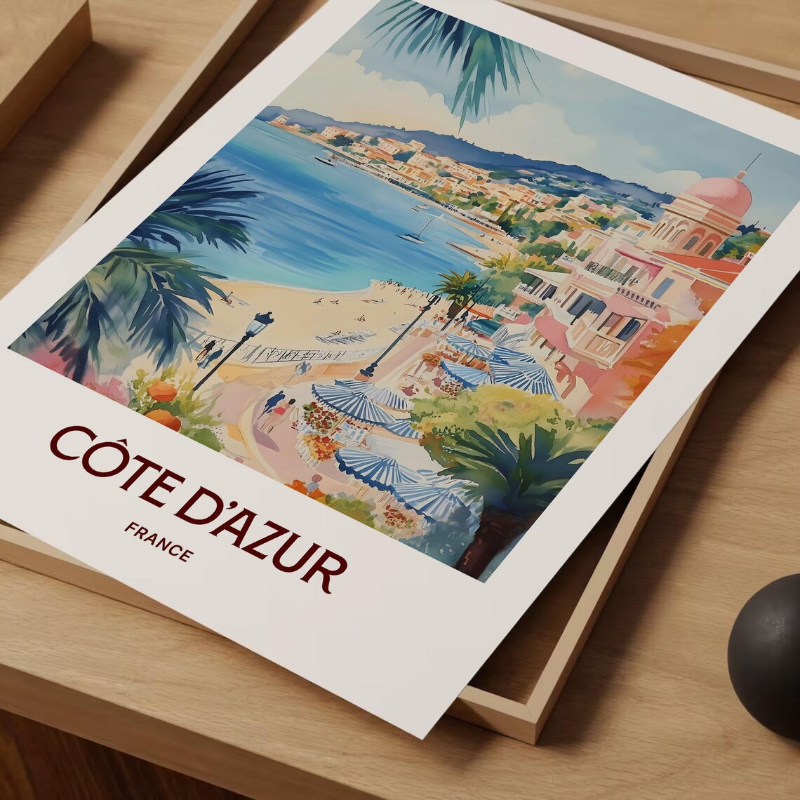 Cote d'Azur France Watercolor Riviera Beach Promenade Poster - Image 2