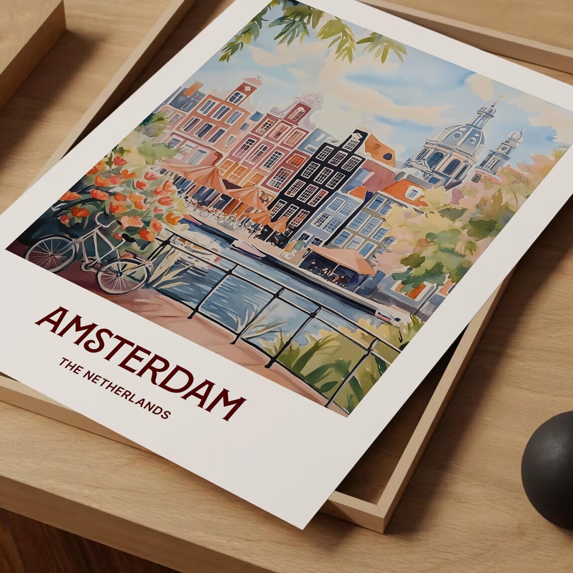 Amsterdam Netherlands Canal Houses Bike Tulips Watercolor City Poster - Image 2