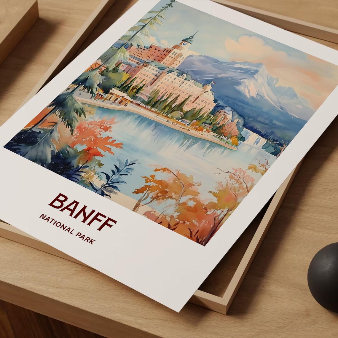 Banff National Park Lakeside Lodge Mountain Watercolor Poster - Image 2