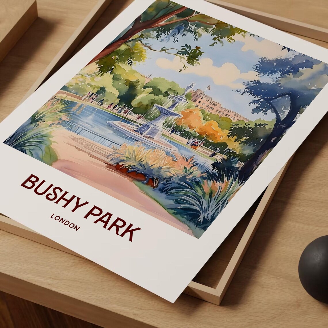 Bushy Park London Diana Fountain Pond Watercolor Garden Travel Poster - Image 2