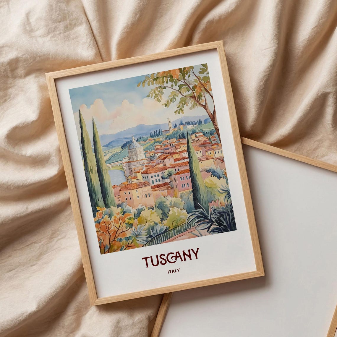 Tuscany Italy Cypress Hill Town Watercolor Poster Rustic Travel - Image 3