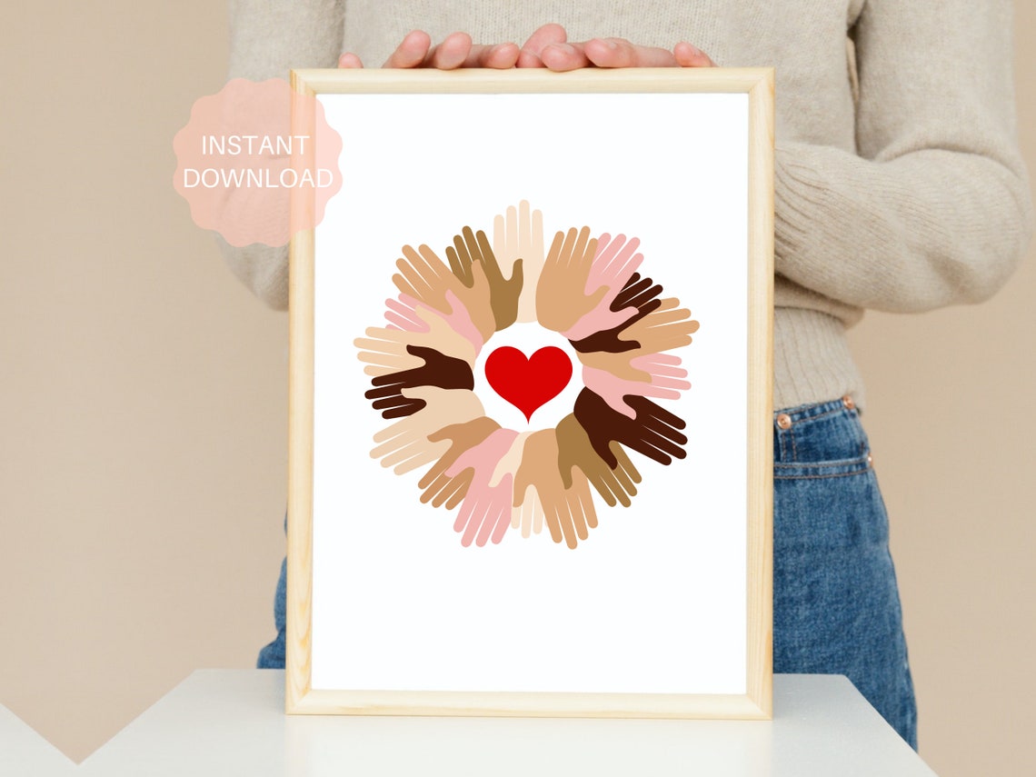Diverse Hands Red Heart Wreath Unity Love Inclusion Art Poster