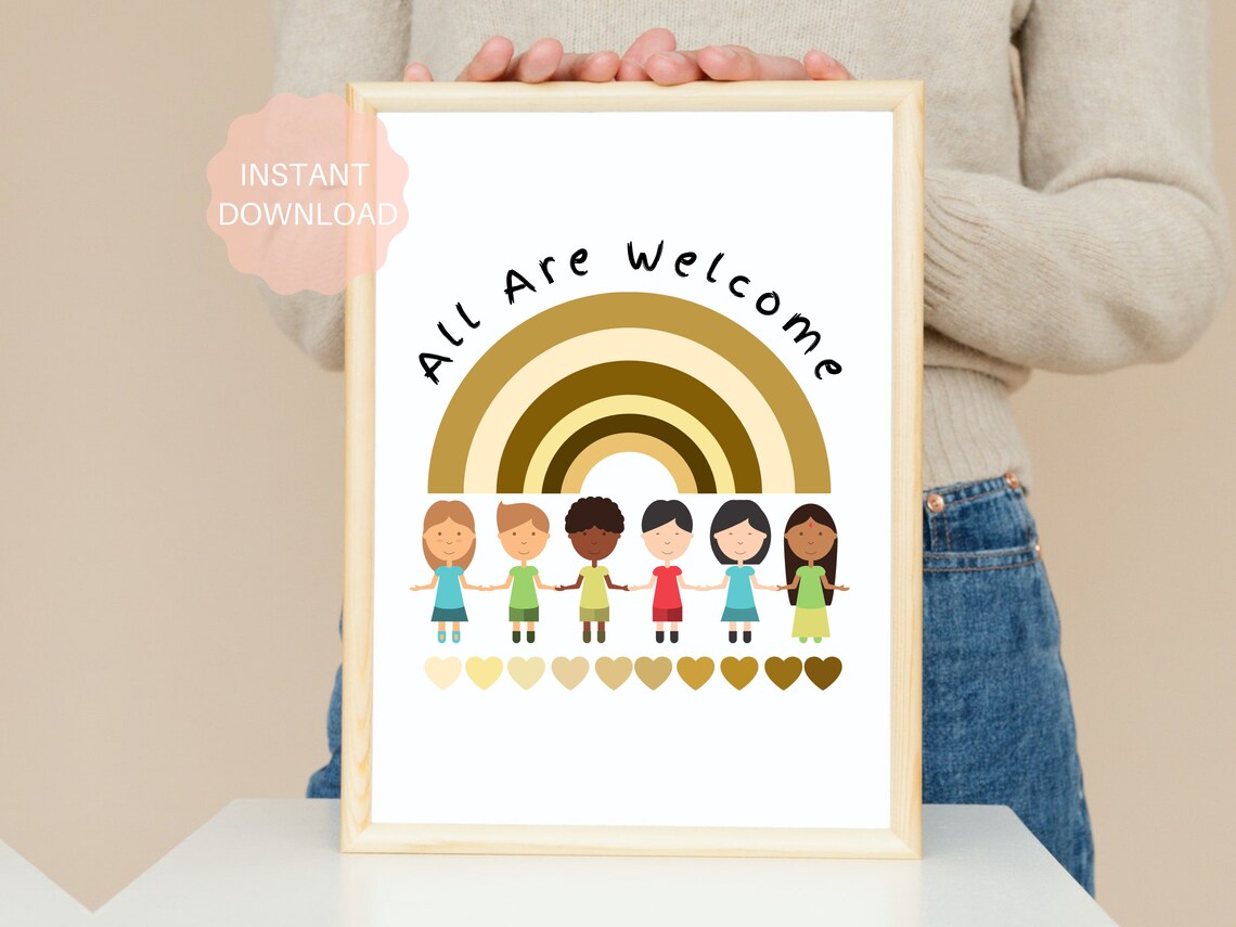 All Are Welcome Rainbow Kids Inclusion Diversity Classroom Poster