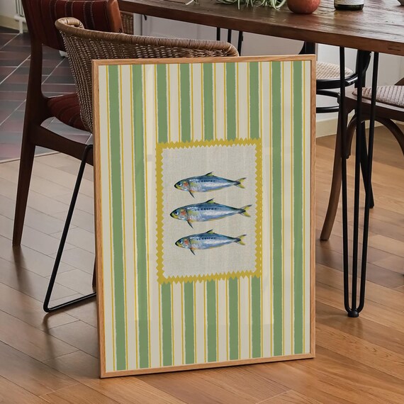 Vintage Sardines Fish Green Pink Stripe Trendy Kitchen Wall Art Retro Modern Food Home Decor