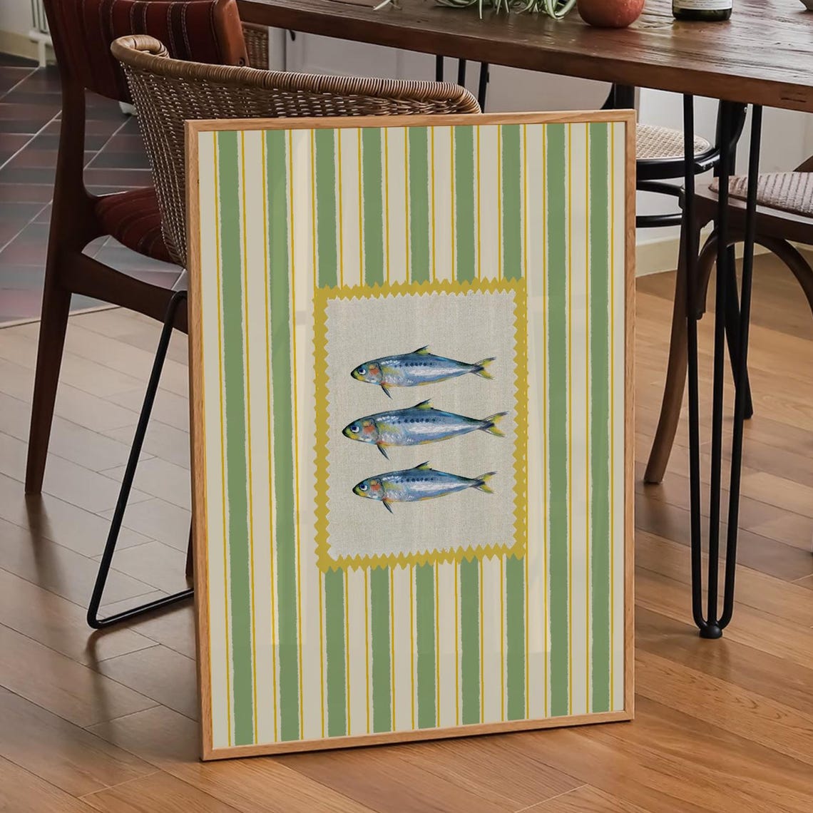 Retro Sardine Fish Trio Green Striped Kitchen Wall Decor Poster