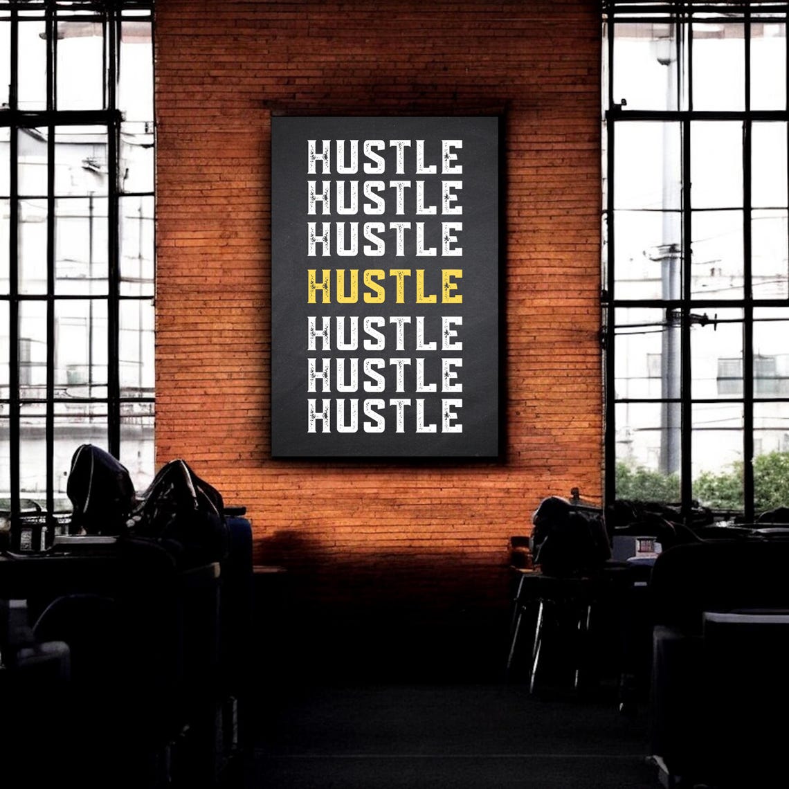 Hustle Repeated Stacked Text Gold Highlight Distressed Black Poster - Image 4