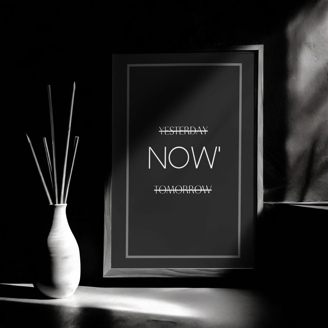 The Time Is Now Quote Struck Through Minimalist Black Poster - Image 3