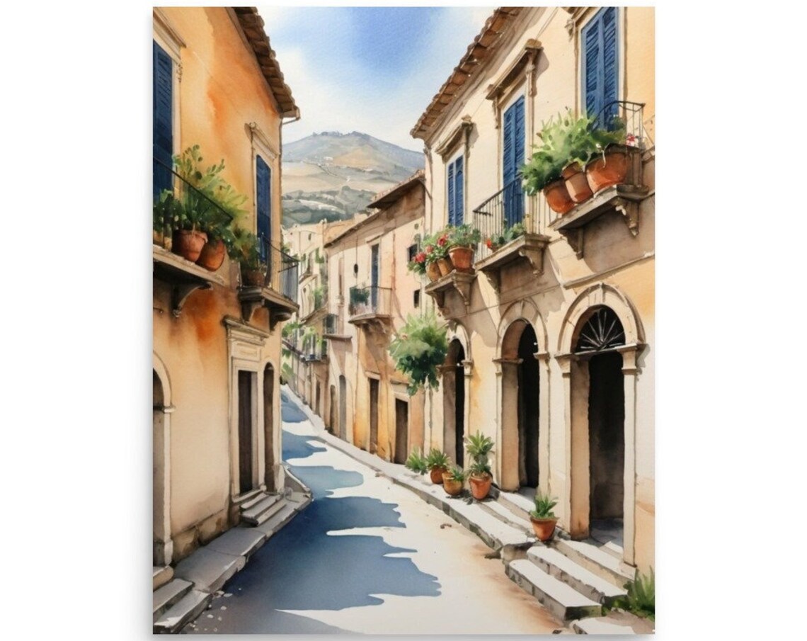 Sicily Watercolor Cityscape Italy Travel Poster