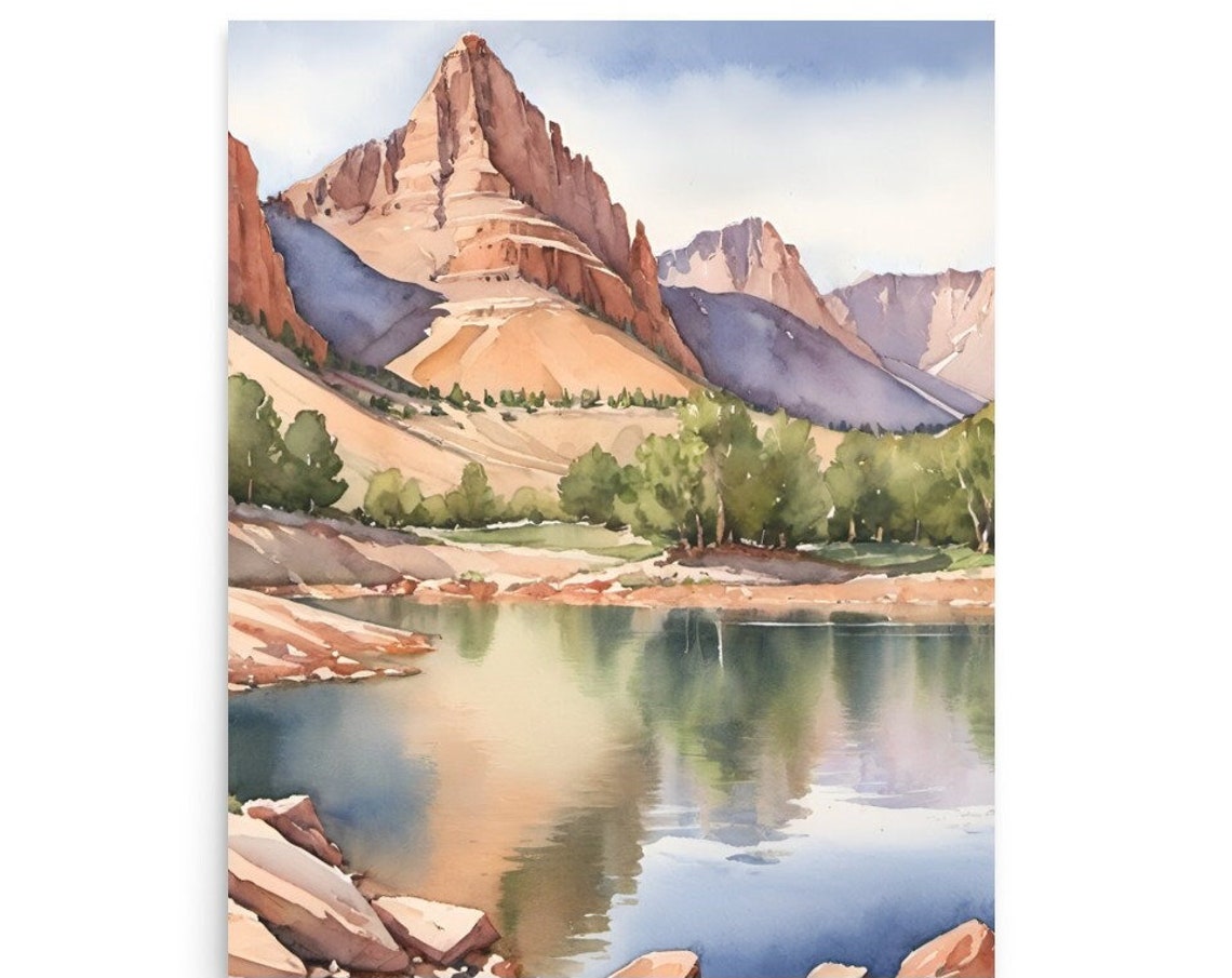 Sundial Peak Mountain Lake Reflection Watercolor Utah Landscape Poster