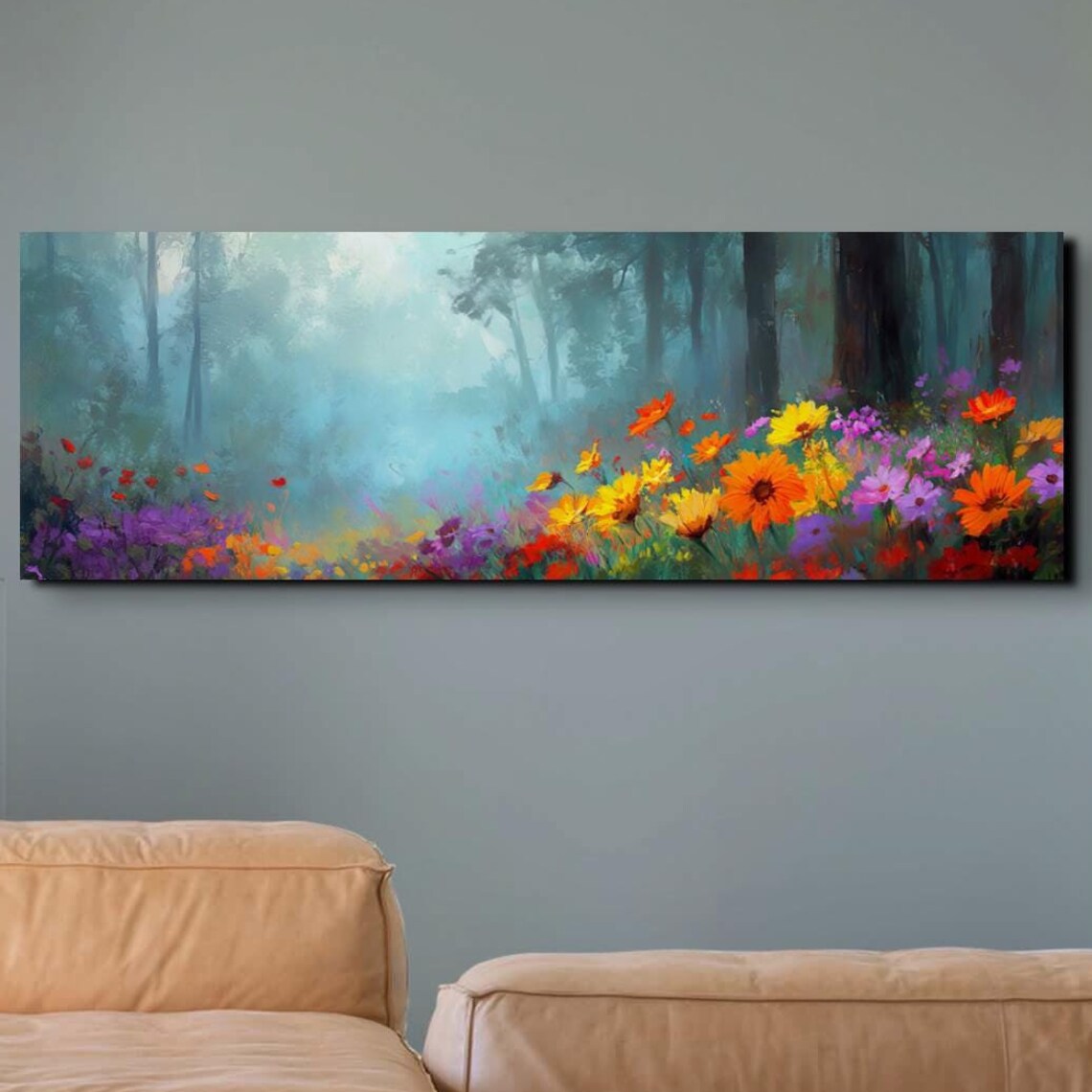 Misty Forest Wild Flower Landscape, Tranquil Art