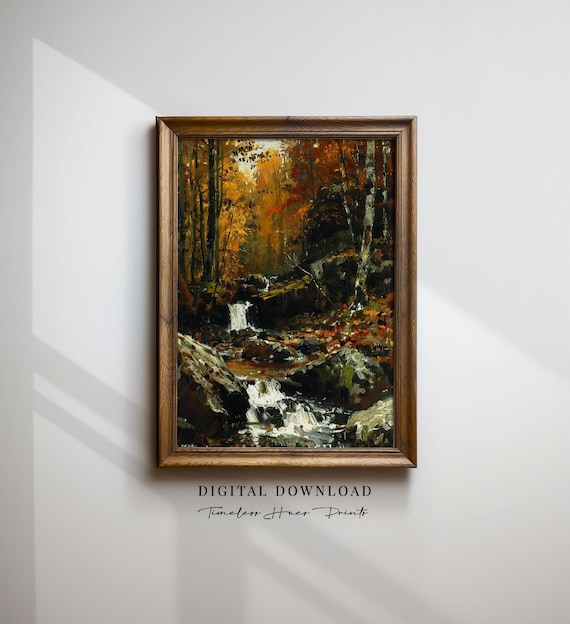 Autumn Woods Waterfall Golden Foliage Stream Moody Oil Painting Poster