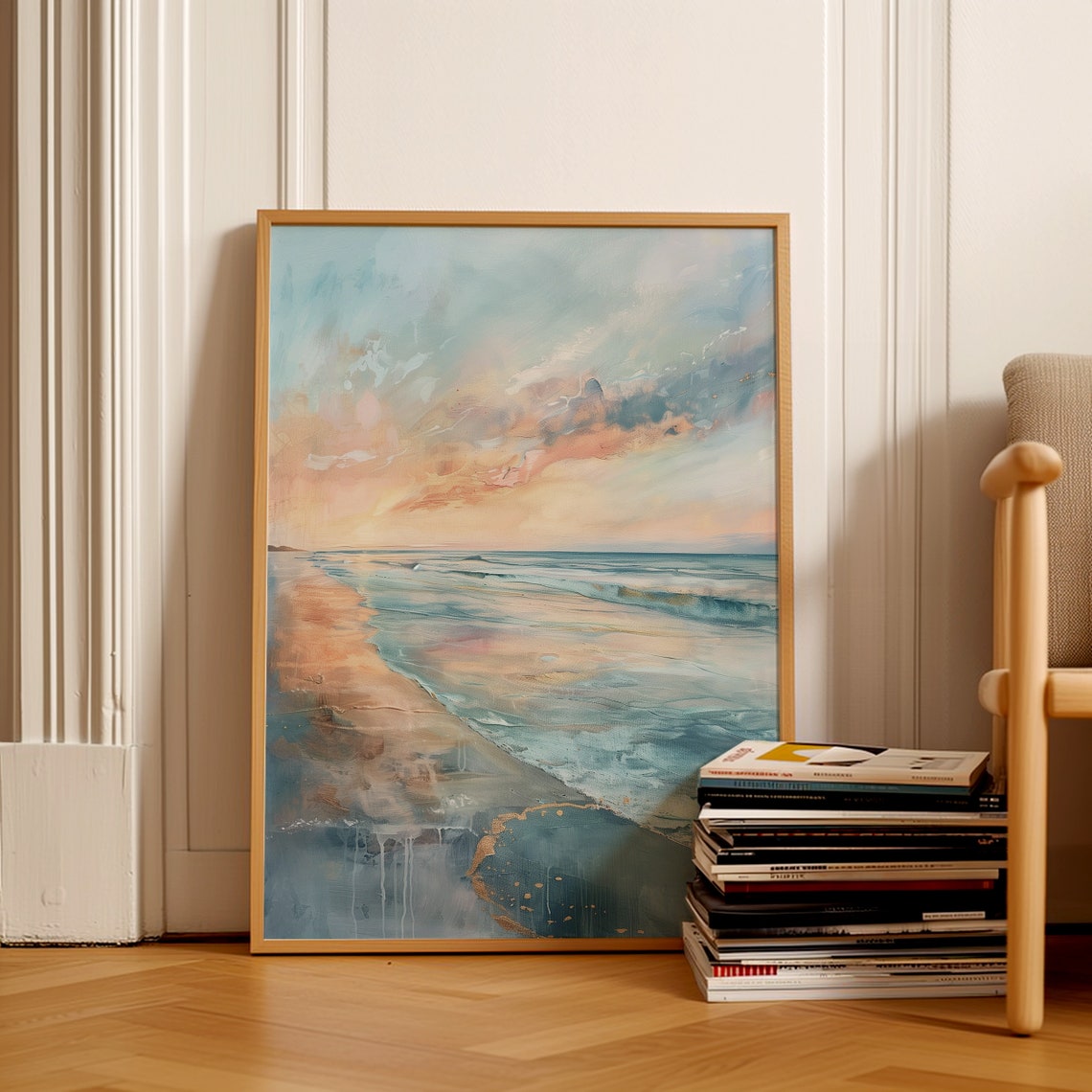 Abstract Pastel Beach Sunset Waves Blue And Peach Modern Wall Art - Image 2