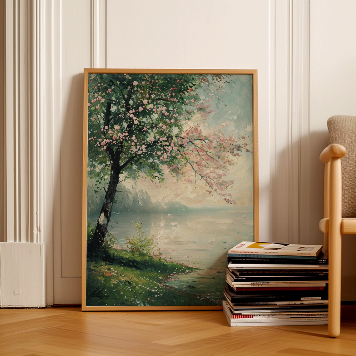 Cherry Blossom Tree Lakeside Oil Painting Tranquil Blossom Poster - Image 2