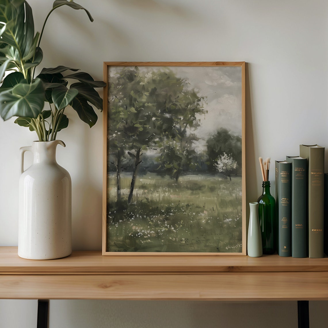Muted Green Summer Meadow with Trees Wildflower Field Vintage Poster - Image 2