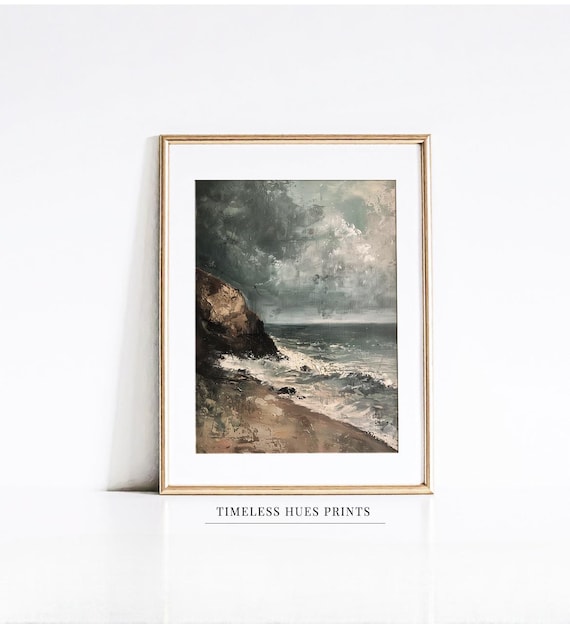 Vintage Stormy Ocean Cliff Seascape Moody Coastal Painting Poster