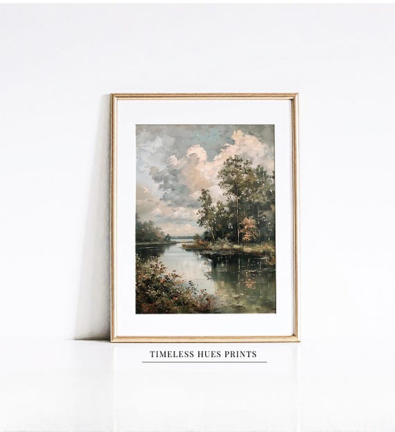 Moody River Painting Vintage Landscape Art Serene Forest Scene Rustic Farmhouse Decor Lakeside Cottage Core