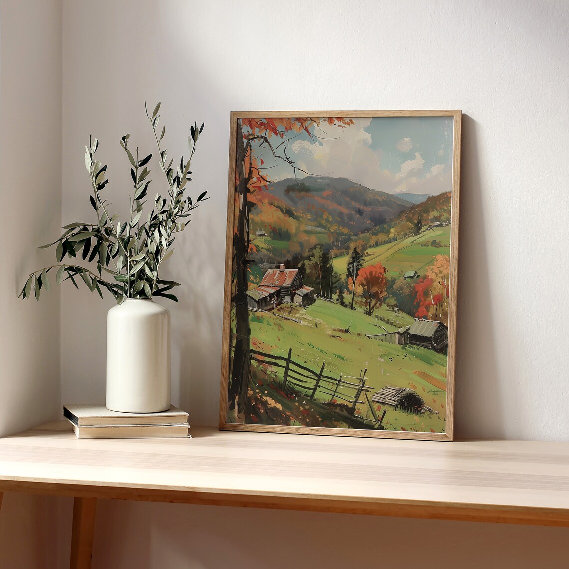 Autumn Mountain Valley Farmstead Cabins Vintage Rural Landscape Painting Poster - Image 3